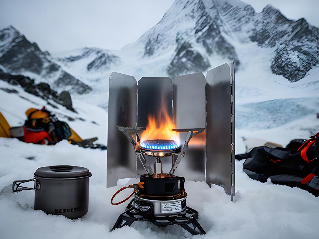 Stormbreaker-Mehrstoffkocher auf einem verschneiten Bergcamp mit befestigtem Windschutz