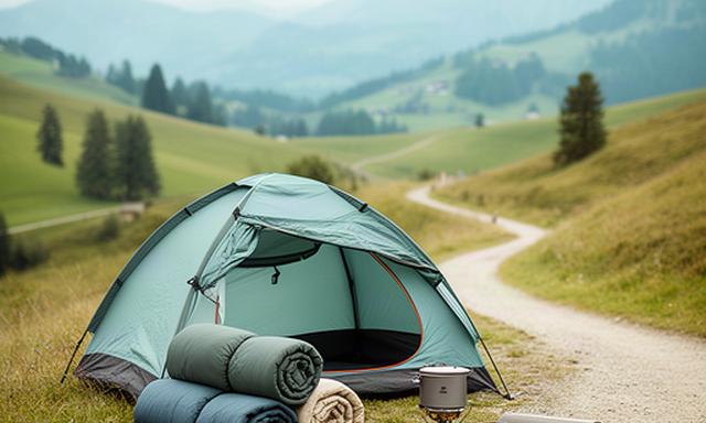 Zelt, zwei Schlafsäcke, Isomatten und Kocher als Mietset neben einem Wanderweg im Zürcher Oberland